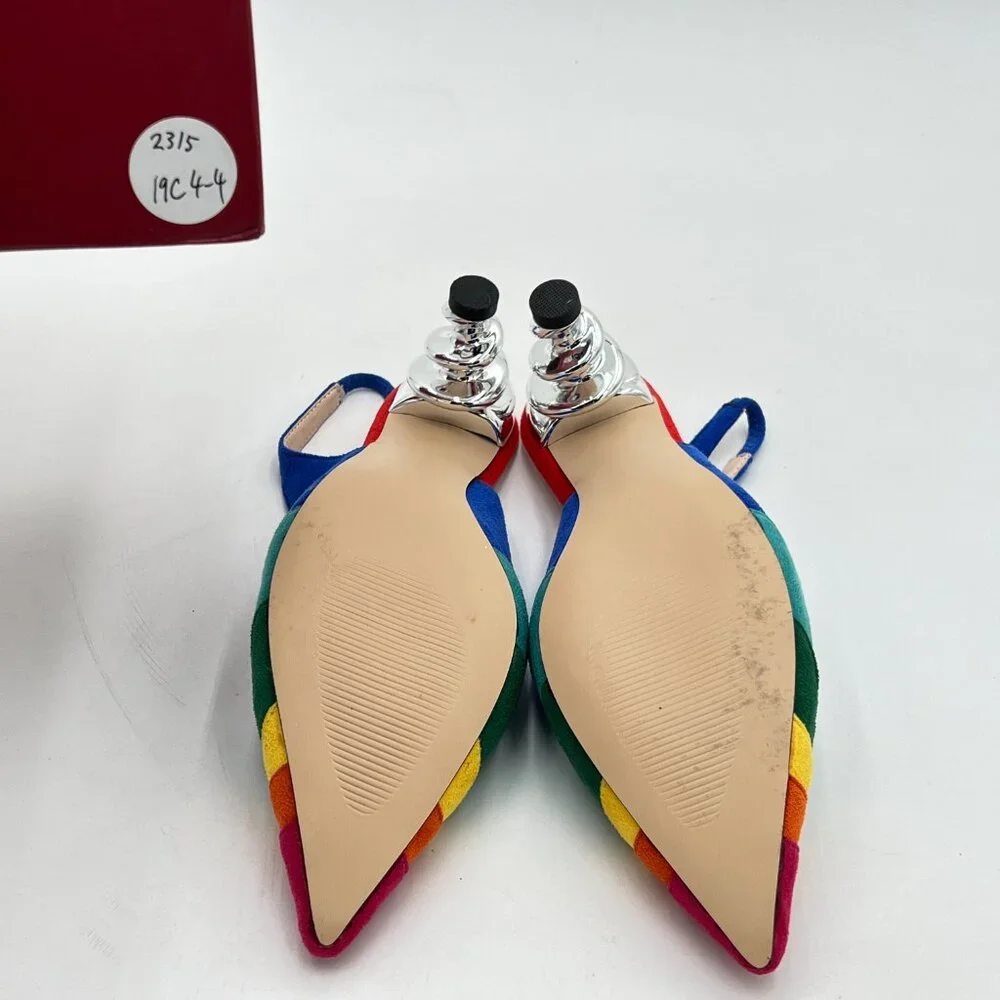 FOWT Rainbow Color Stripes Strange Spiral High Heel Pumps Pointed Toe Shoes - Picture 7 of 8